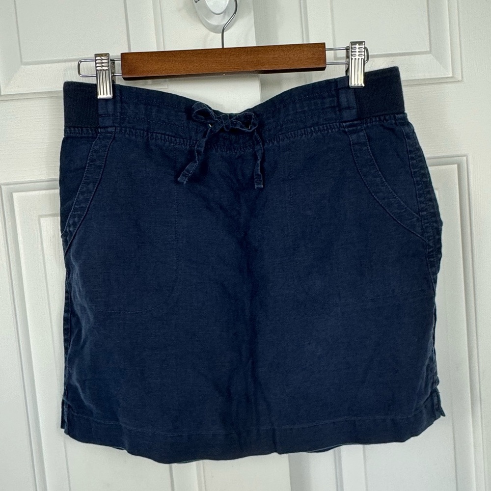 Athleta Linen Skirt Navy Blue Drawstring Waist Casual Pockets‎ Size 8